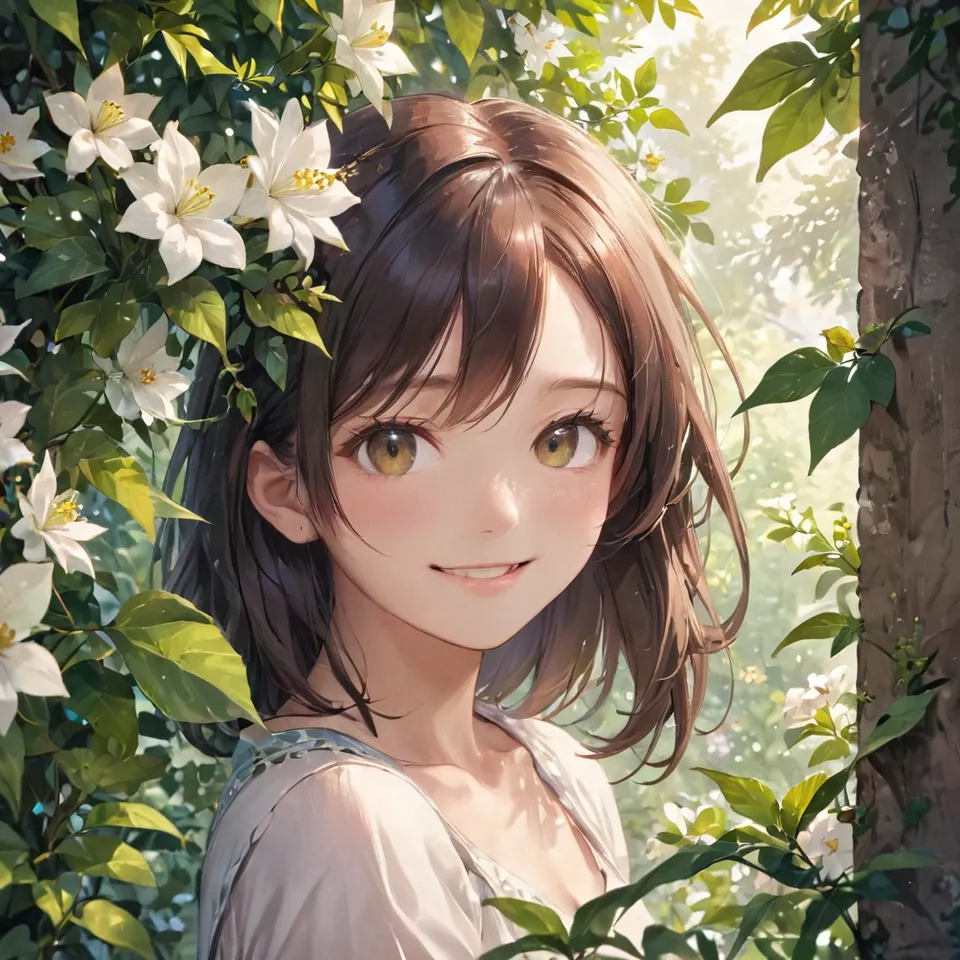 masterpiece, best quality, highres, 1girl smile, serafuku, peeking out upper body <lora:peeking_out_upper_body_pruned:1.4> leaves, flowers