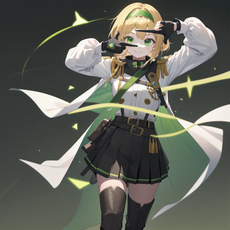 masterpiece, best quality, highres, finger frame, 1girl hairband green eyes, standing, smile, white cape shirt long sleeves black skirt fingerless gloves black thighhighs belt thigh boots 