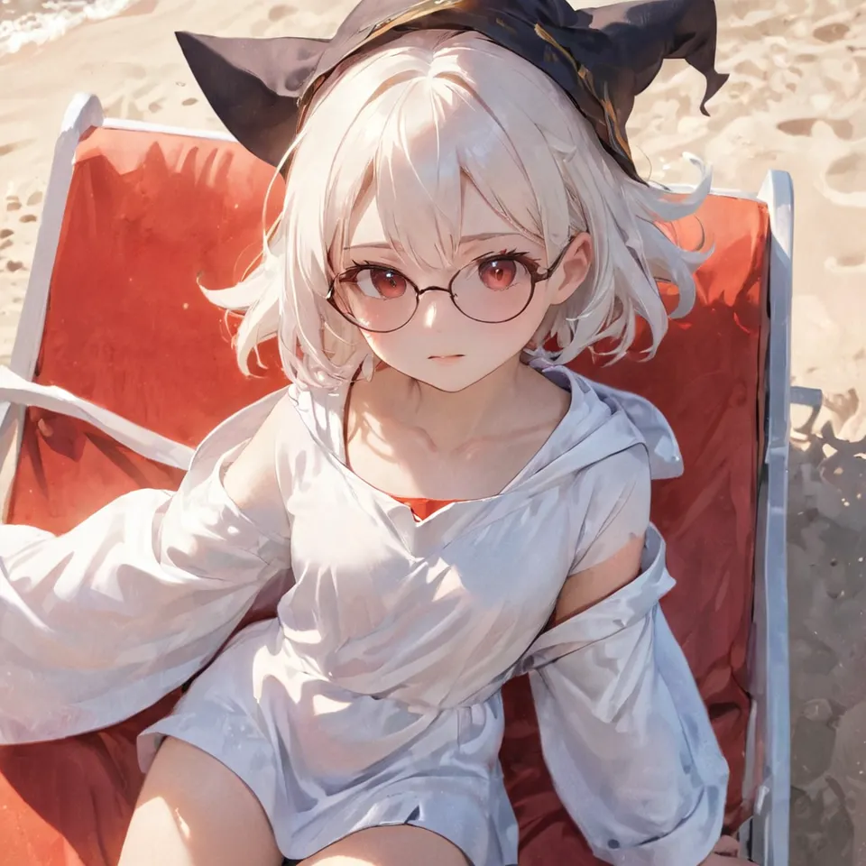 cute, 1girl, solo, early teen, white short hair, red eyes, wizard hat, robe, from above, close-up, reclining on beach chair, hand on eyewear, sunglasses, beach, summer, sunlight, dynamic angle, depth of field