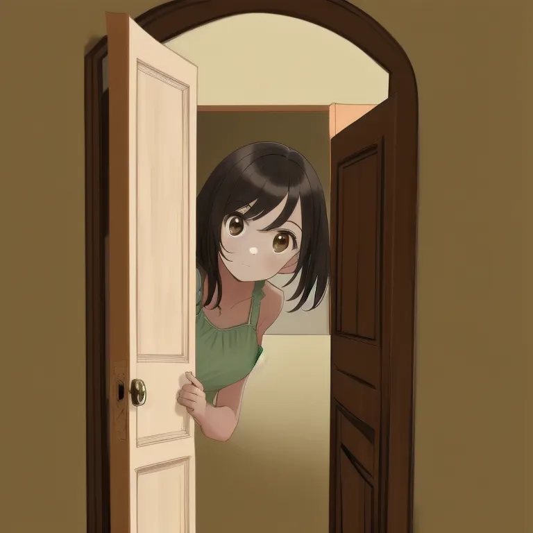 masterpiece, best quality, highres, 1girl, peeking out upper body <lora:peeking_out_upper_body_pruned:1> opening door, open door, doorway