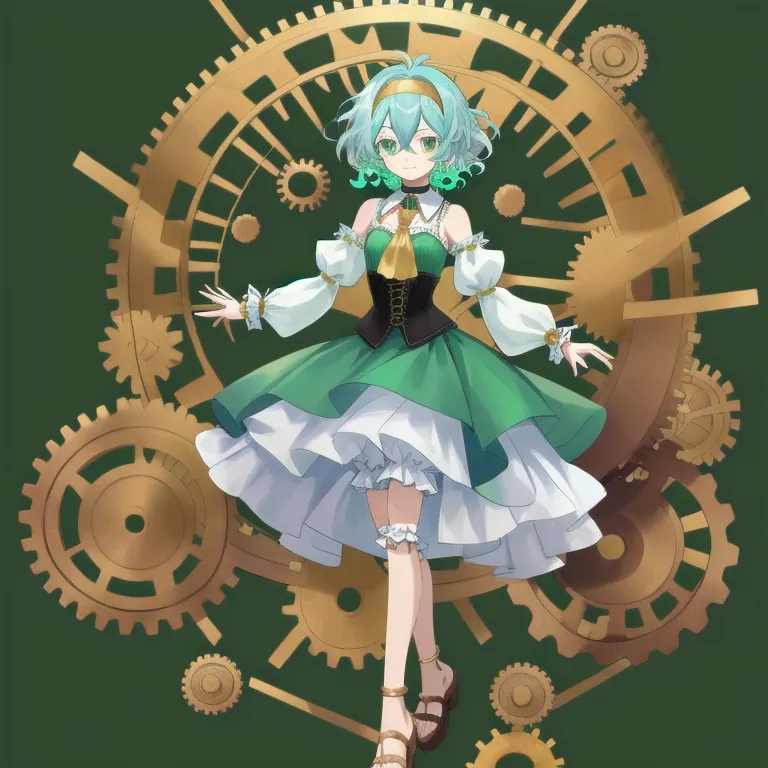 (masterpiece, best quality, high quality:1.2),illustration,  1girl, solo, short hair, bare shoulders, green eyes, upper body, white hair, braid, multicolored hair, green hair, detached collar, green background, joints, doll joints, green dress, musical note, flat chest, white sleeves, puffy sleeves, wrist cuffs, gold cuffs, translucent dress, layered sleeves, corset, red ascot, choker, white choker, hairband, gold hairband, blue hair, messy hair, gears, tailcoat, anklet, sandals, brown footwear, high heeled sandals, bare legs, gold trim, aqua eyes, hair between eyes, bloomers, white topwear, puffy dress, full body
