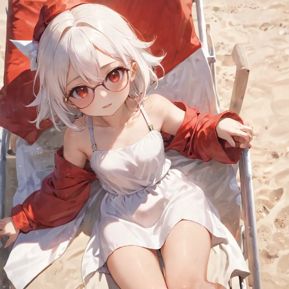 cute, 1girl, solo, early teen, white short hair, red eyes, wizard hat, robe, from above, close-up, reclining on beach chair, hand on eyewear, sunglasses, beach, summer, sunlight, dynamic angle, depth of field