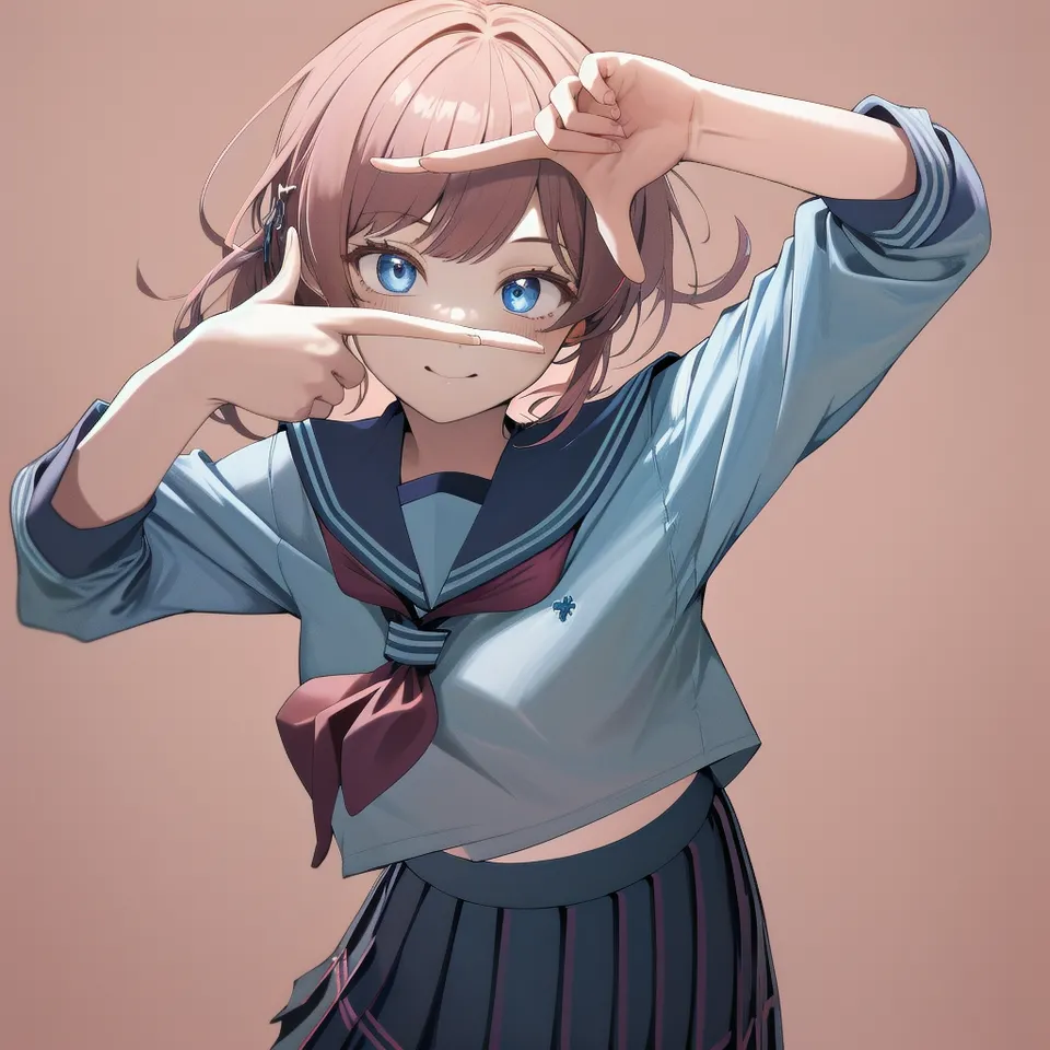 masterpiece, best quality, highres, 1girl finger frame, white shirt serafuku, school uniform, pleated skirt 