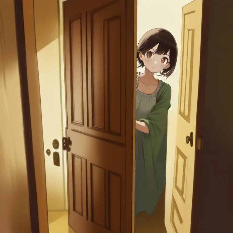 masterpiece, best quality, highres, 1girl, peeking out upper body <lora:peeking_out_upper_body_pruned:1.4> opening door, open door, doorway