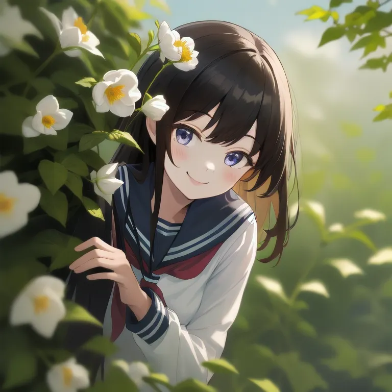 masterpiece, best quality, highres, 1girl smile, serafuku, peeking out upper body <lora:peeking_out_upper_body_pruned:1.4> leaves, flowers