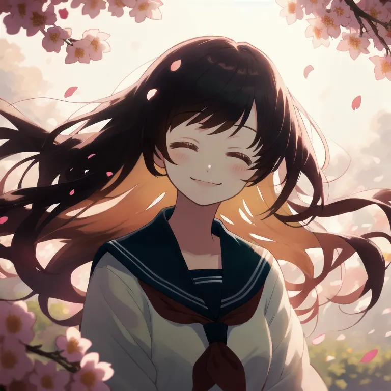 masterpiece, best quality, highres, 1girl smile closed eyes, very long hair, wind blowing, outdoors, serafuku, backlighting, petals, flowers, leaves