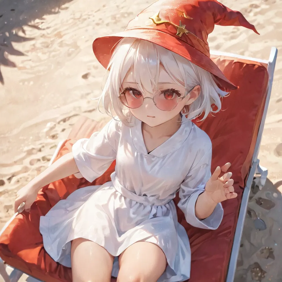 cute, 1girl, solo, early teen, white short hair, red eyes, wizard hat, robe, from above, close-up, reclining on beach chair, hand on eyewear, sunglasses, beach, summer, sunlight, dynamic angle, depth of field