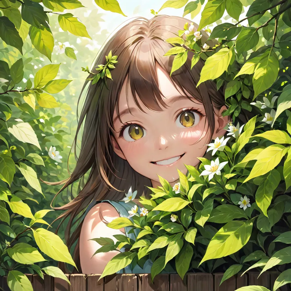 masterpiece, best quality, highres, 1girl smile, leaf, flowers
