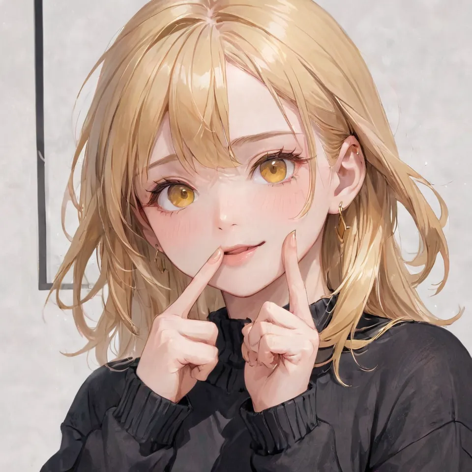 masterpiece, best quality, highres, 1girl blonde hair, yellow eyes earrings, finger frame, (one eye closed:0.7), black sweater, white background <lora:finger_frame_final:1> <lora:guideau_no_outfit:1>
