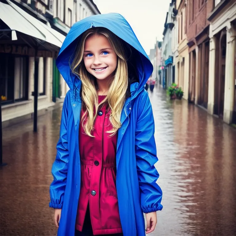 girl, blonde hair, red eyes, rain, looking down, smile, tears, blue raincoat, hood up, town