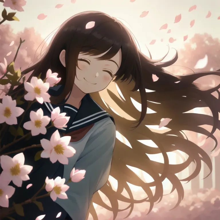 masterpiece, best quality, highres, 1girl smile closed eyes, very long hair, wind blowing, outdoors, serafuku, backlighting, petals, flowers, leaves