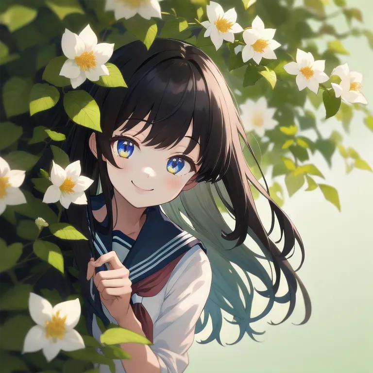masterpiece, best quality, highres, 1girl smile, serafuku, peeking out upper body <lora:peeking_out_upper_body_pruned:1.4> leaves, flowers