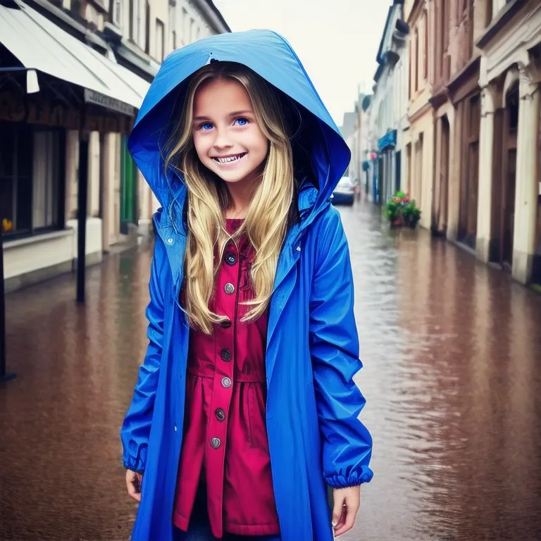 girl, blonde hair, red eyes, rain, looking down, smile, tears, blue raincoat, hood up, town