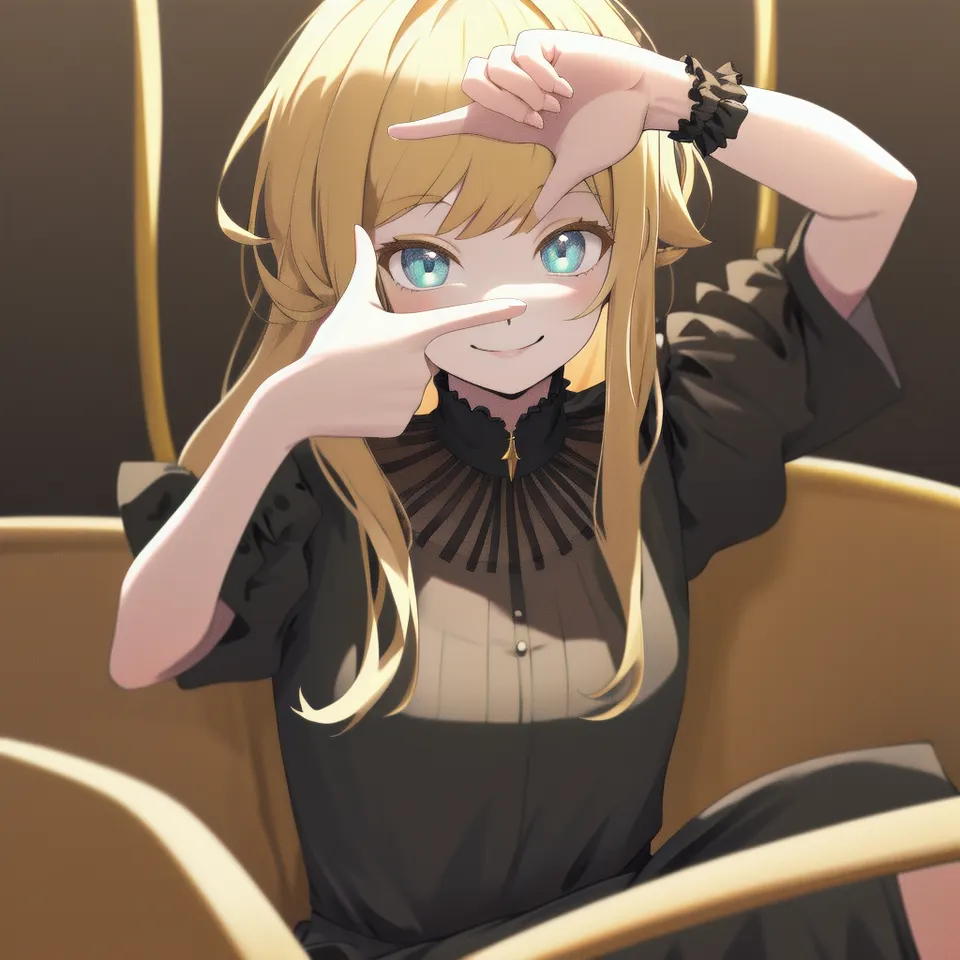 masterpiece, best quality, highres, 1girl blonde hair, white shirt black dress, smile