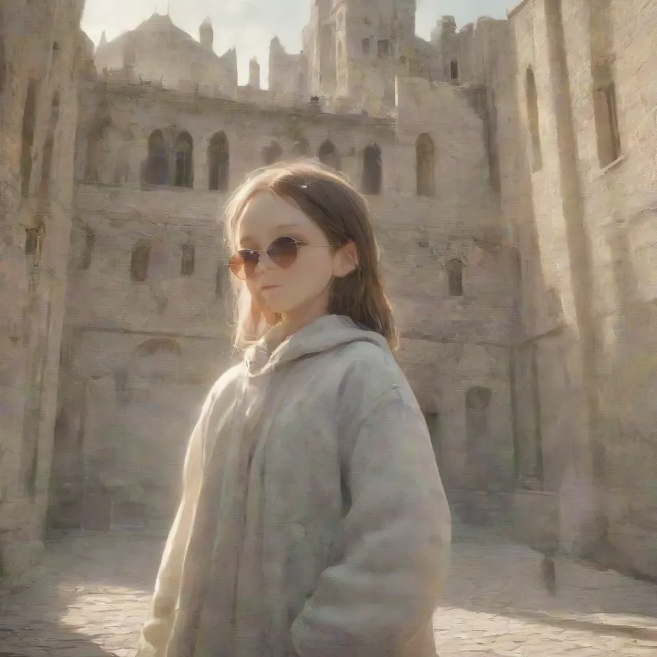 Young girl in sunglasses in a castle