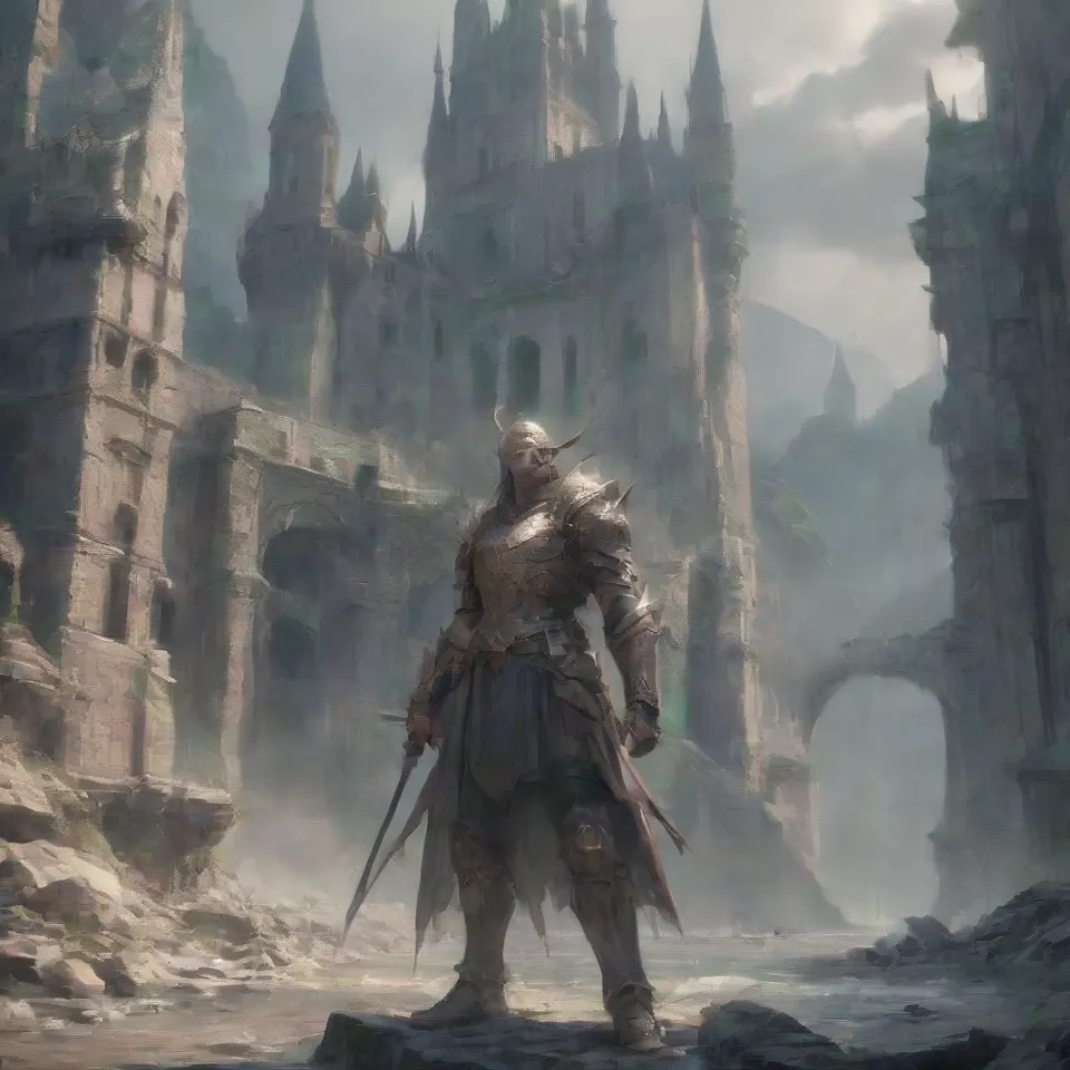 elf warrior standing in front of a castle