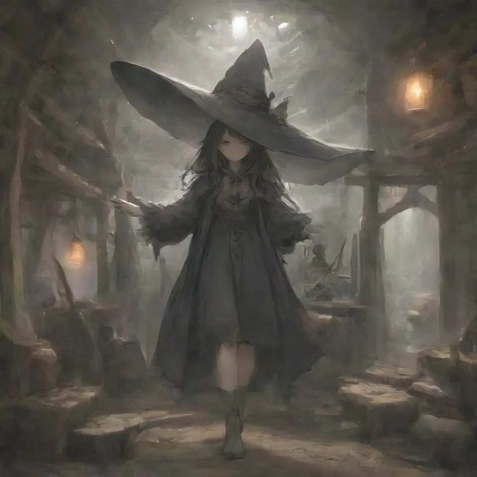 a witch wearing a witch's hat standing inside a hut