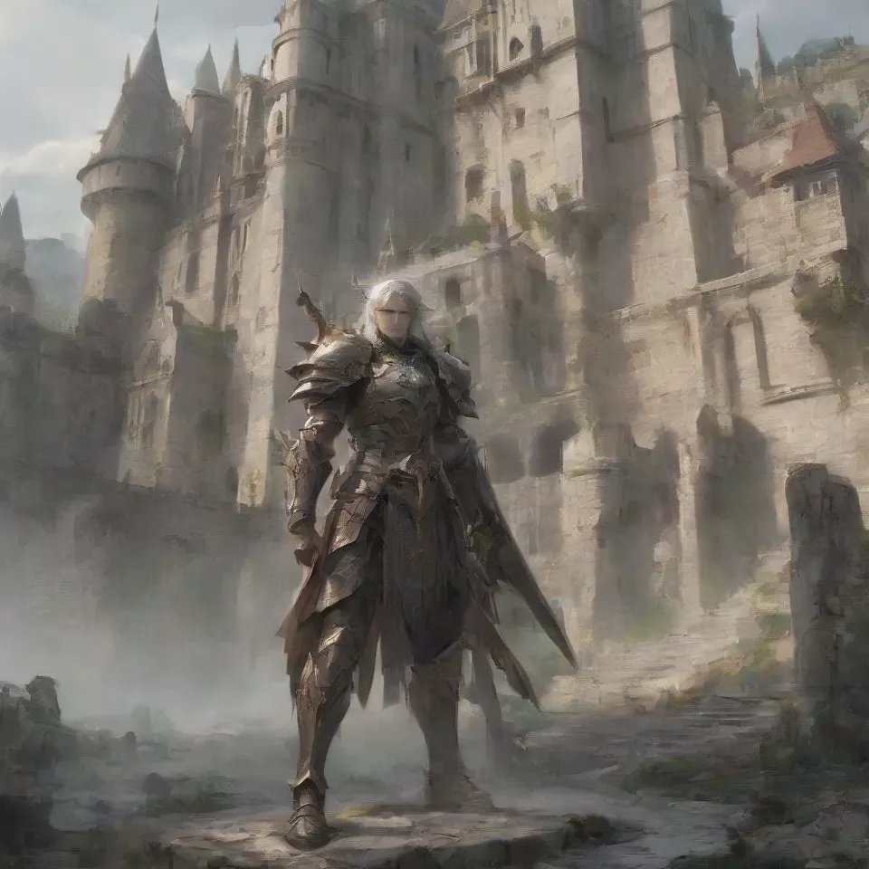elf warrior standing in front of a castle 