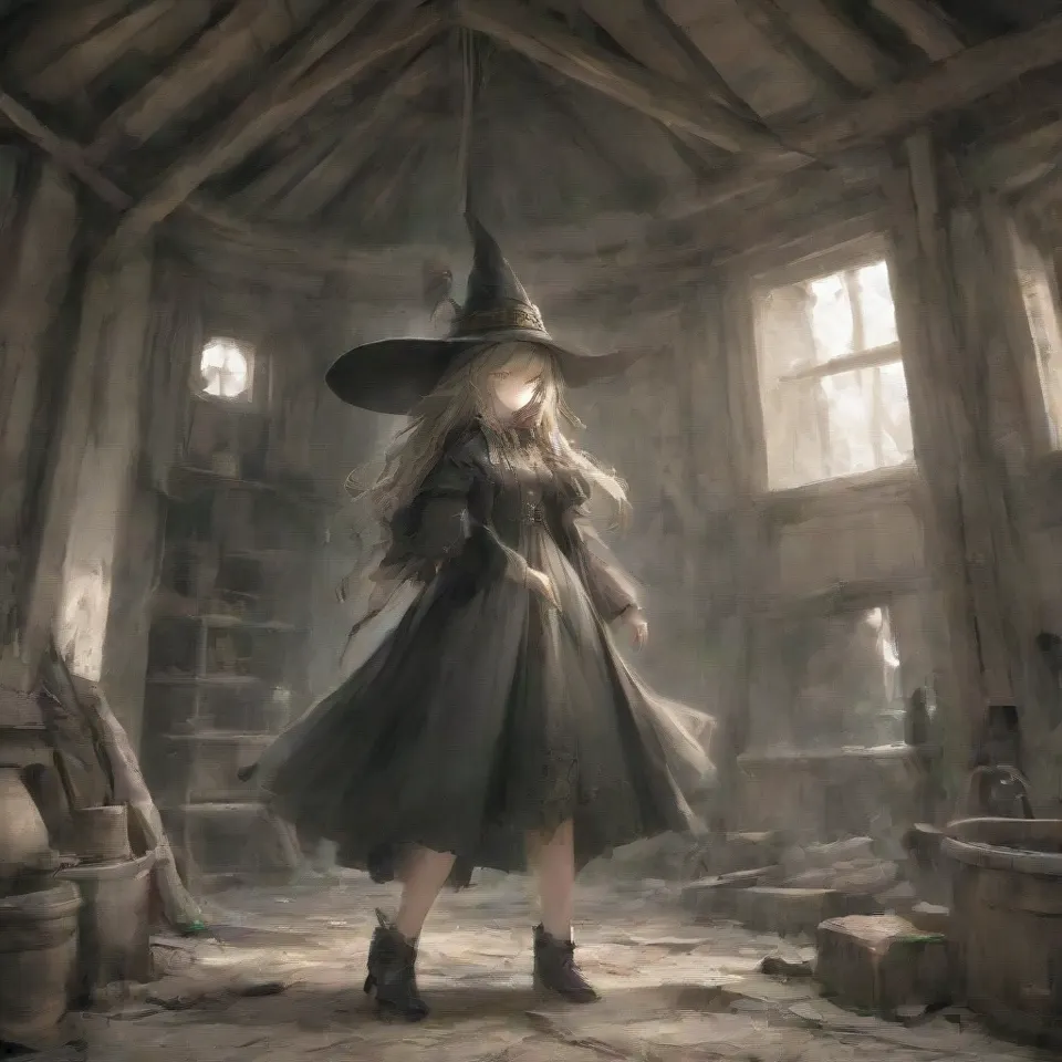 a witch wearing a witch's hat standing inside a hut