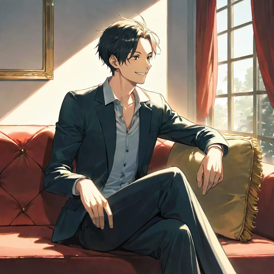 sitting on sofa, looking left side, smile, man