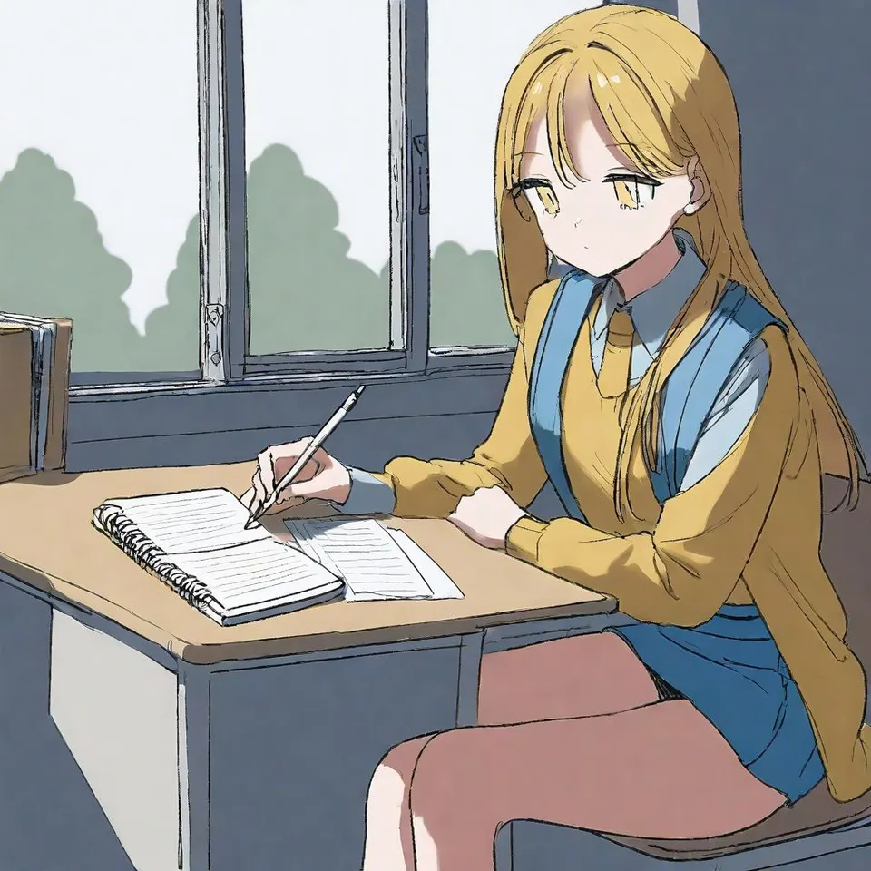 plu girl, sitting at her desk taking notes