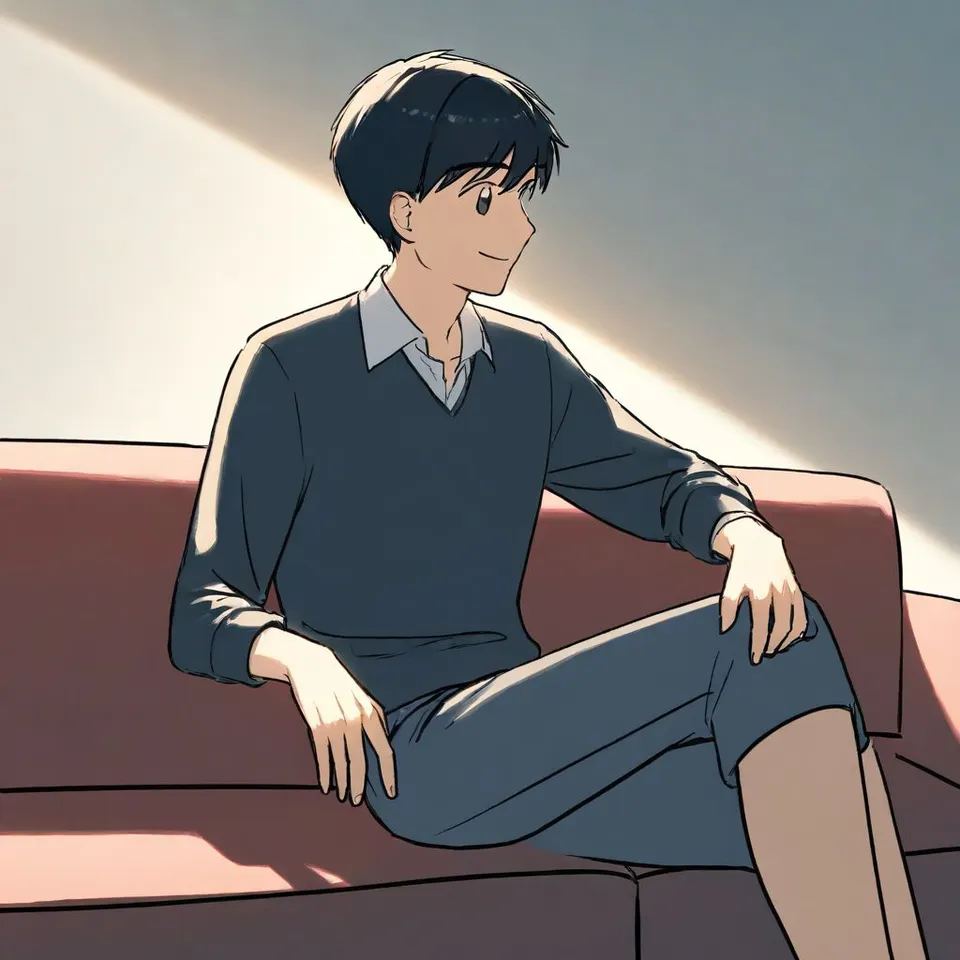 sitting on sofa, looking left side, smile, man