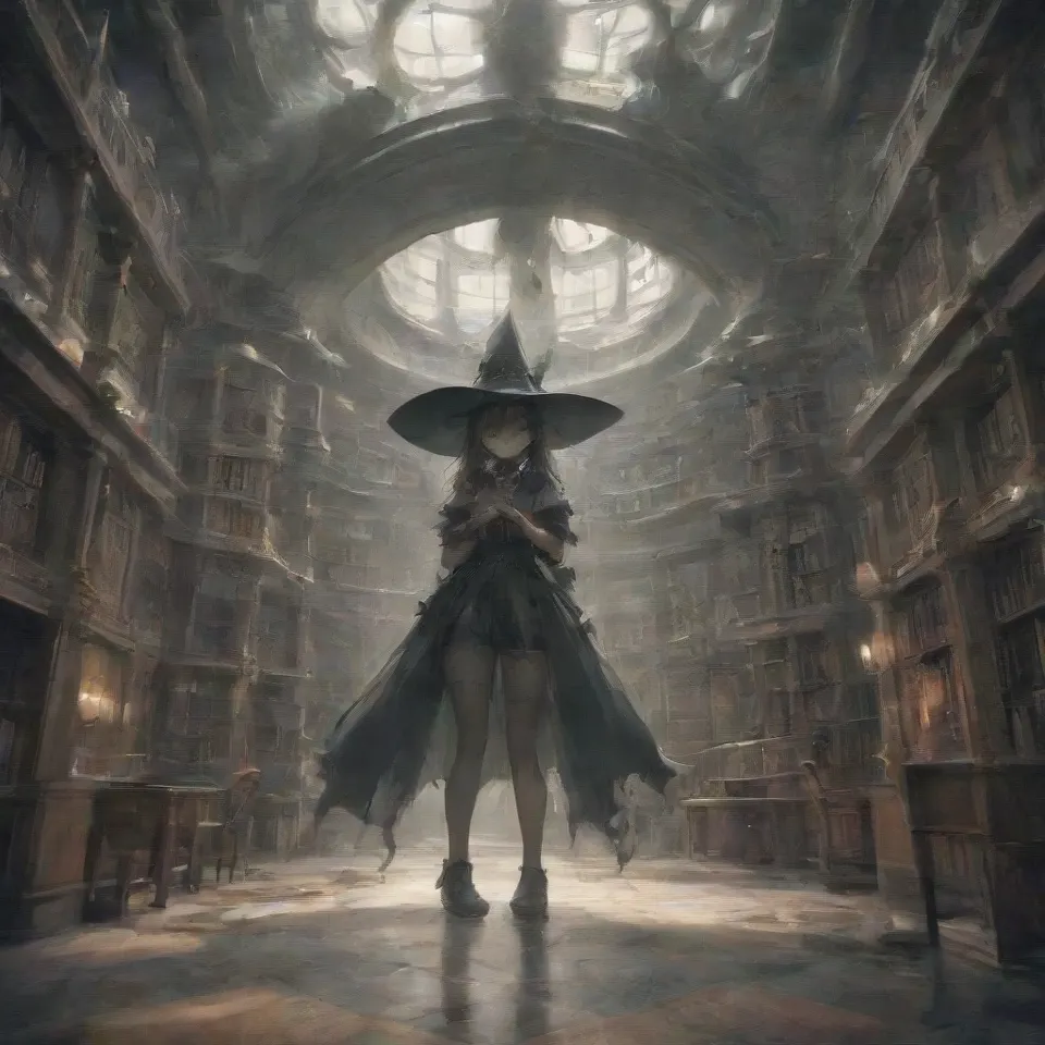 a witch wearing a witch's hat standing inside a library