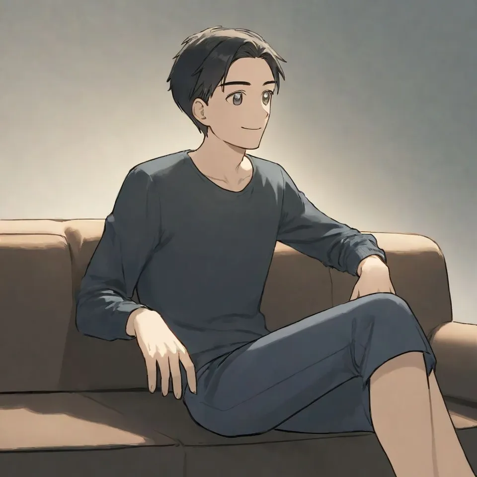 sitting on sofa, looking left side, smile, man