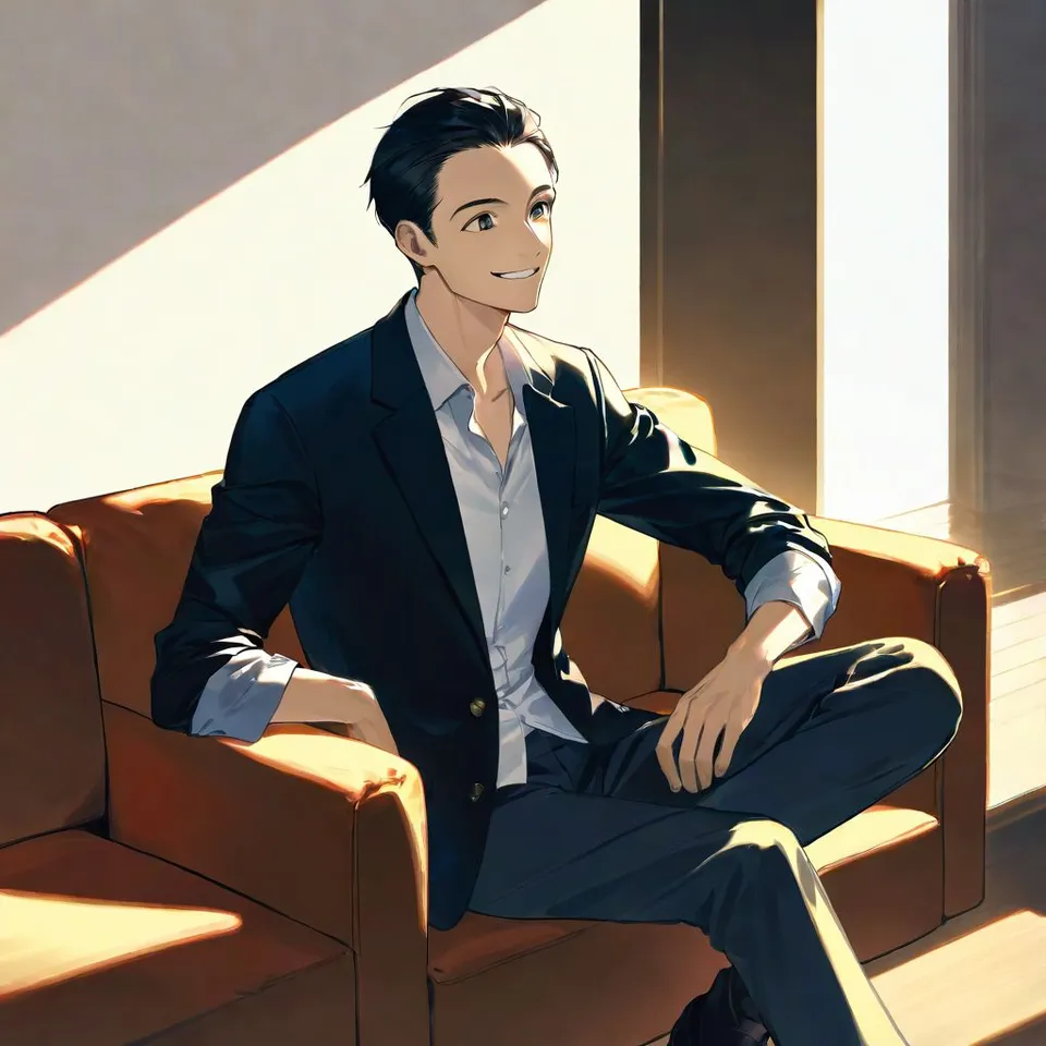 sitting on sofa, looking left side, smile, man