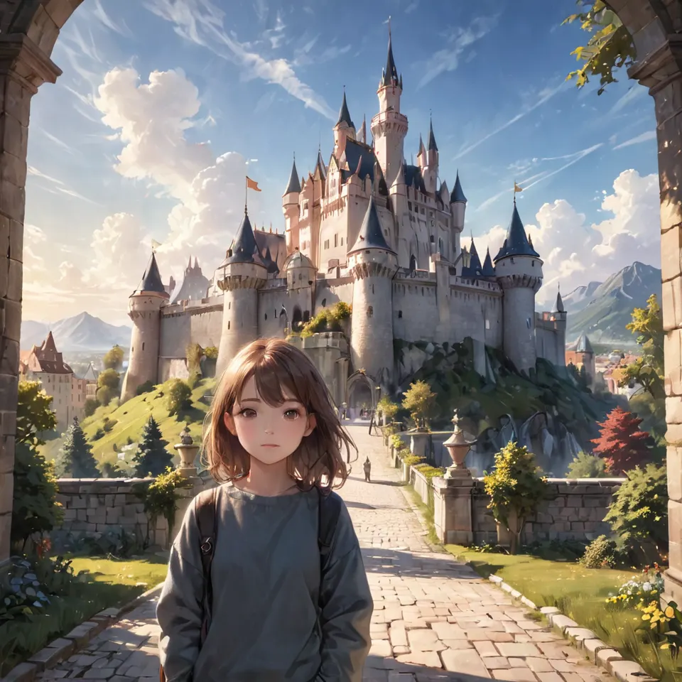 girl in front of castle on a sunny day