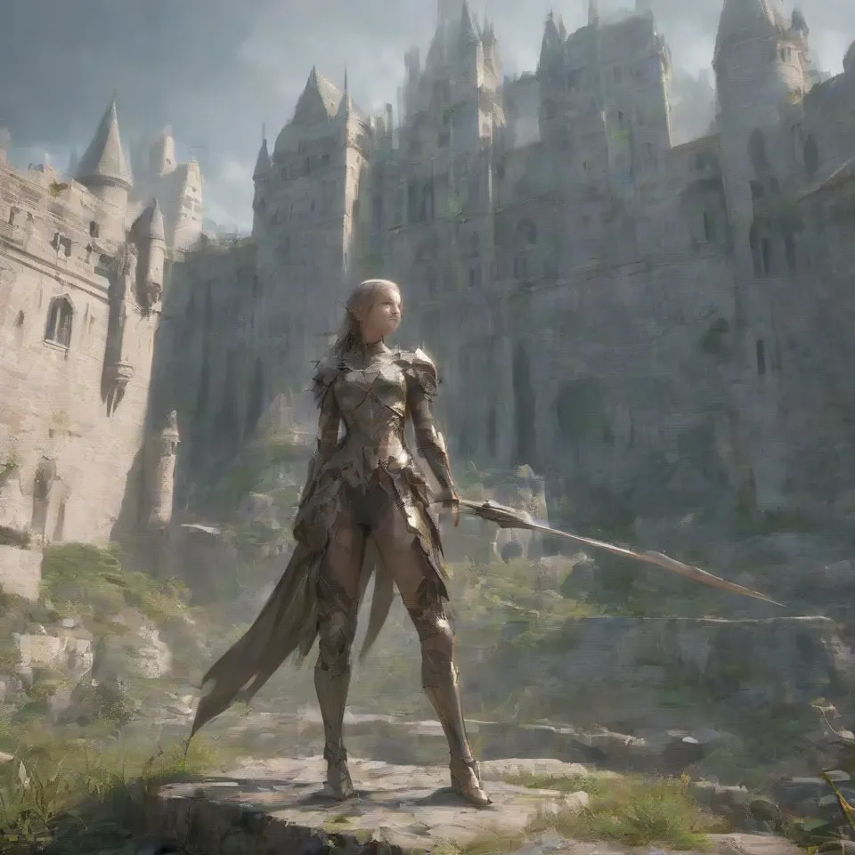 elf warrior standing in front of a castle