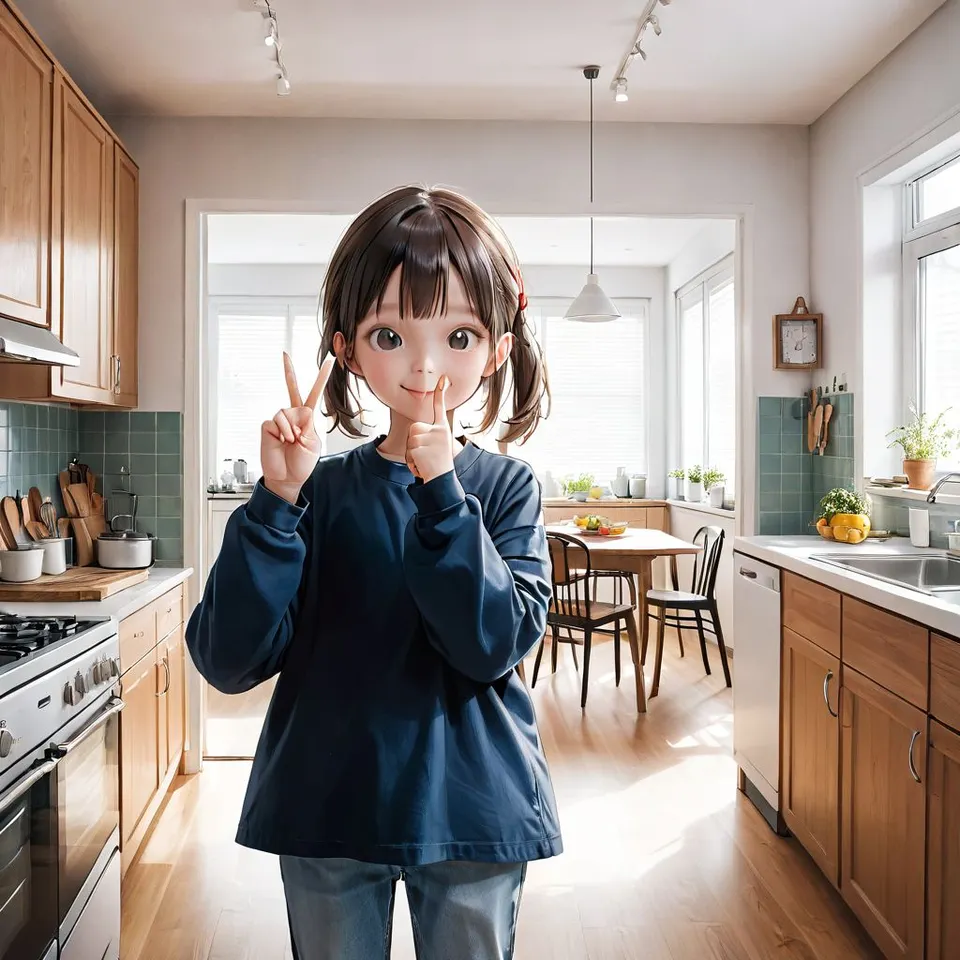 young girl standing in front of the kitchen table