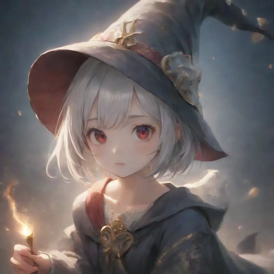 cute, 1girl, solo, early teen, white short hair, red eyes, wizard hat