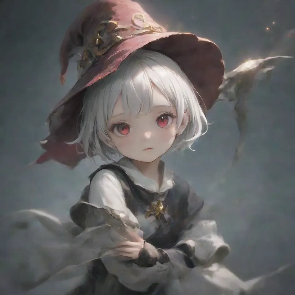 cute, 1girl, solo, early teen, white short hair, red eyes, wizard hat