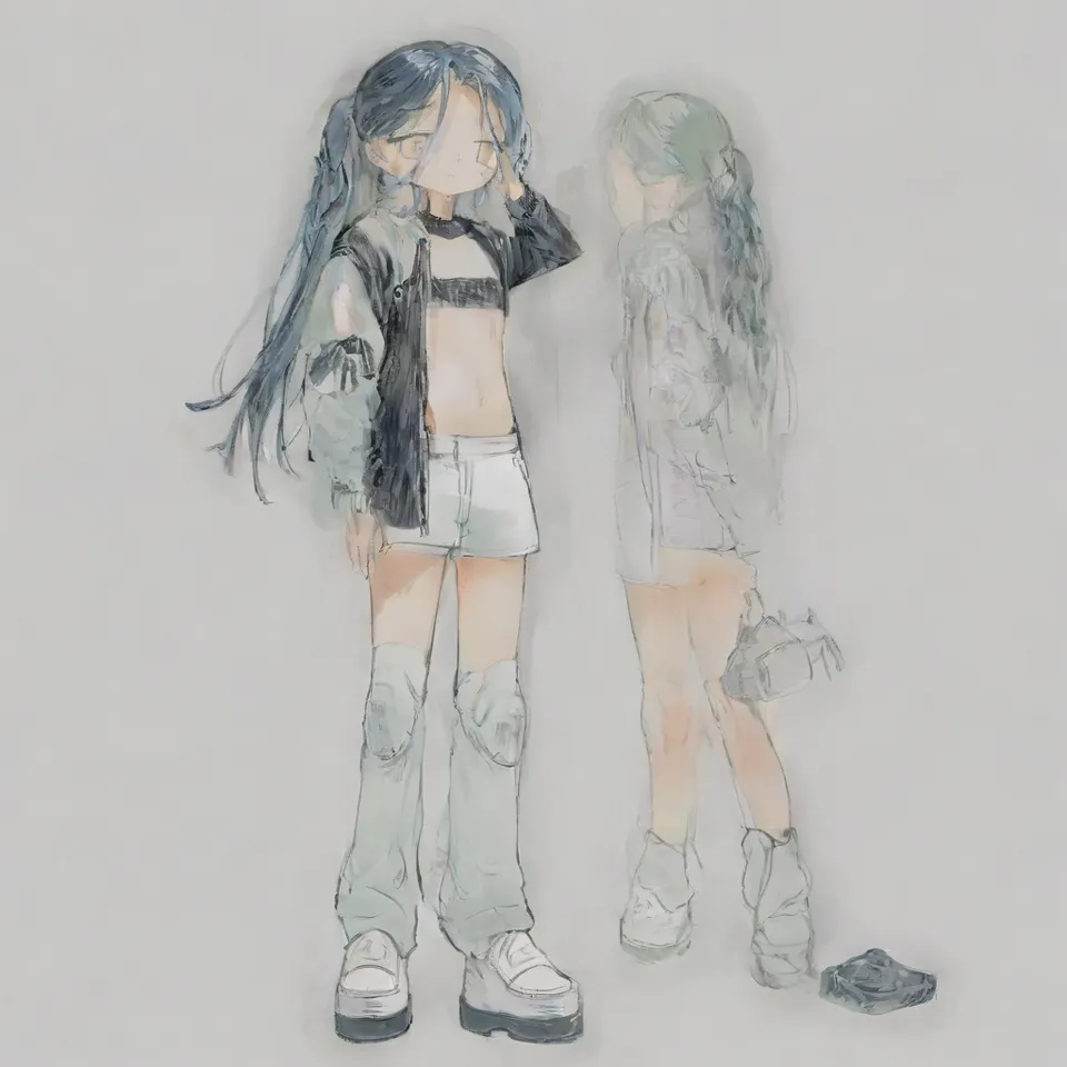 a girl, green eyes, green eyeshadow, sweating, dark blue-green hair with purple inner color, long hair, hair is meesy, frown, black leather jacket, white t-shirt, bring the left hand in front of the face, front view, full body, simple background, white_background