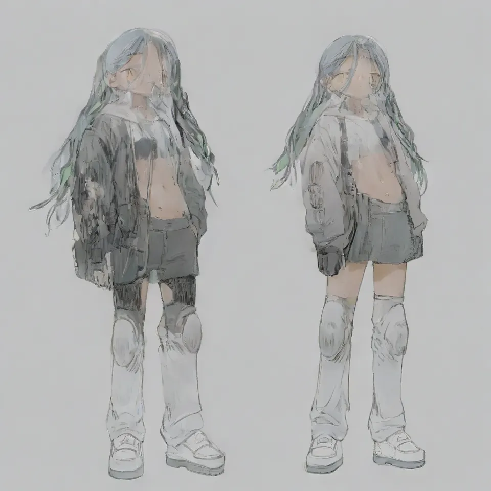 a girl, green eyes, green eyeshadow, sweating, dark blue-green hair with purple inner color, long hair, hair is meesy, frown, black leather jacket, white t-shirt, bring the left hand in front of the face, front view, full body, simple background, white_background