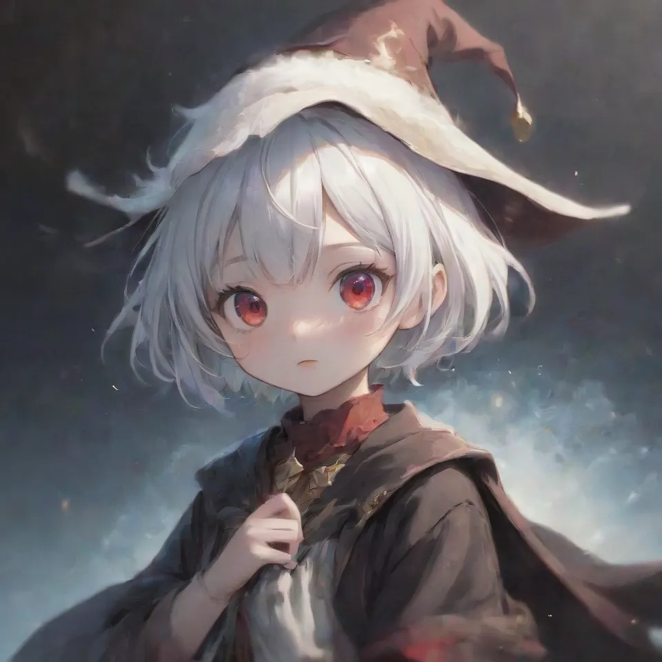 cute, 1girl, solo, early teen, white short hair, red eyes, wizard hat
