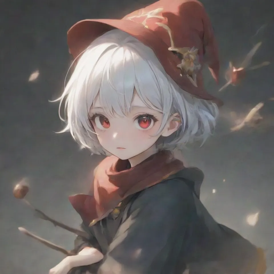 cute, 1girl, solo, early teen, white short hair, red eyes, wizard hat