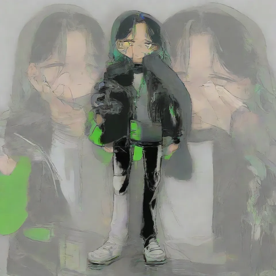 a girl, green eyes, green eyeshadow, sweating, dark blue-green hair with purple inner color, long hair, hair is meesy, frown, black leather jacket, white t-shirt, bring the left hand in front of the face, front view, full body, simple background, white_background