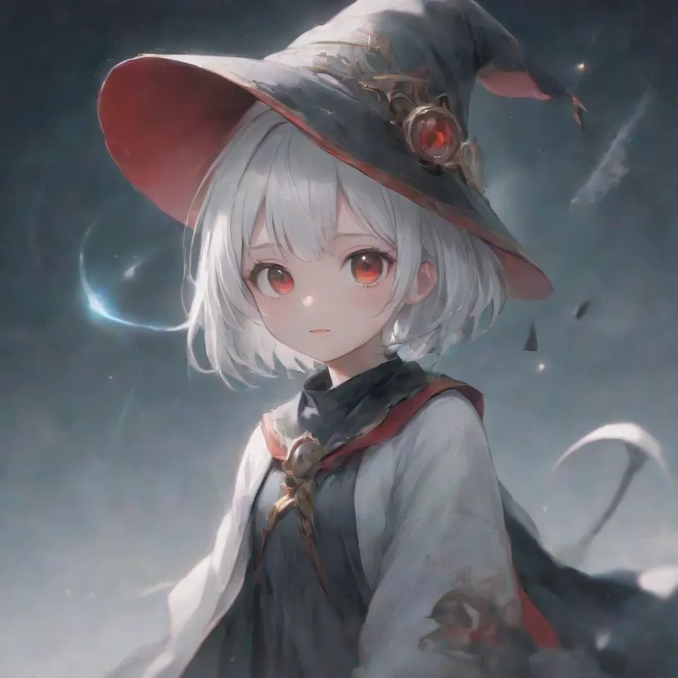 cute, 1girl, solo, early teen, white short hair, red eyes, wizard hat