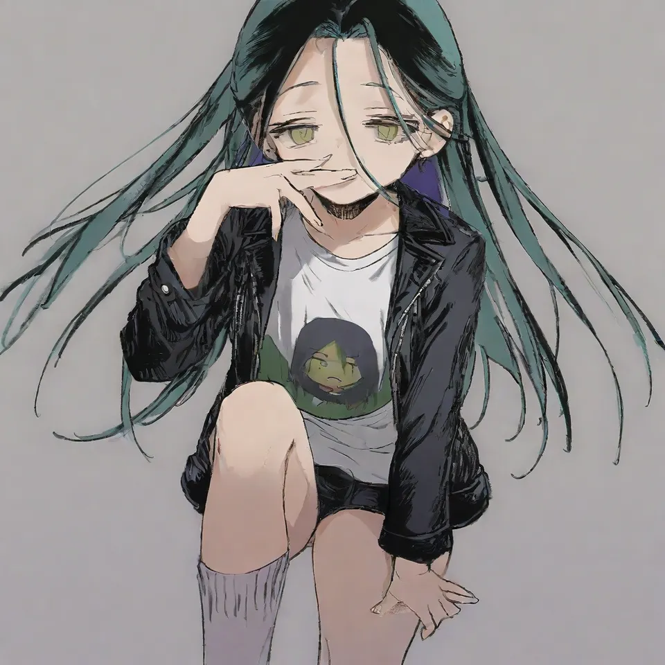 a girl, green eyes, green eyeshadow, sweating, dark blue-green hair with purple inner color, long hair, hair is meesy, frown, black leather jacket, white t-shirt, bring the left hand in front of the face, front view, full body, simple background, white_background