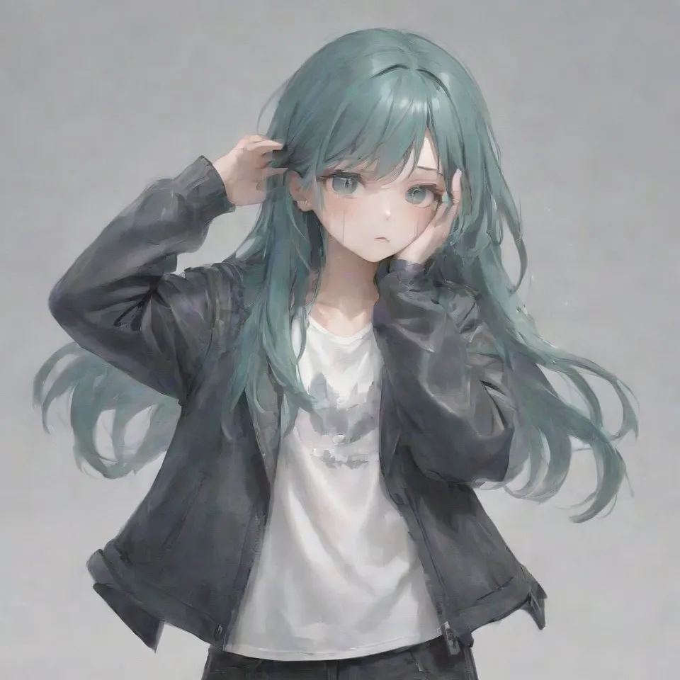 a girl, green eyes, green eyeshadow, sweating, dark blue-green hair with purple inner color, long hair, hair is meesy, frown, black leather jacket, white t-shirt, bring the left hand in front of the face, front view, full body, simple background, white_background
