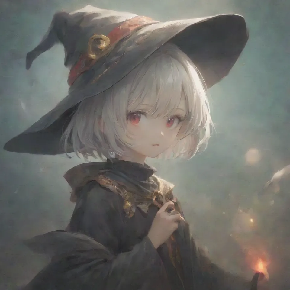 cute, 1girl, solo, early teen, white short hair, red eyes, wizard hat