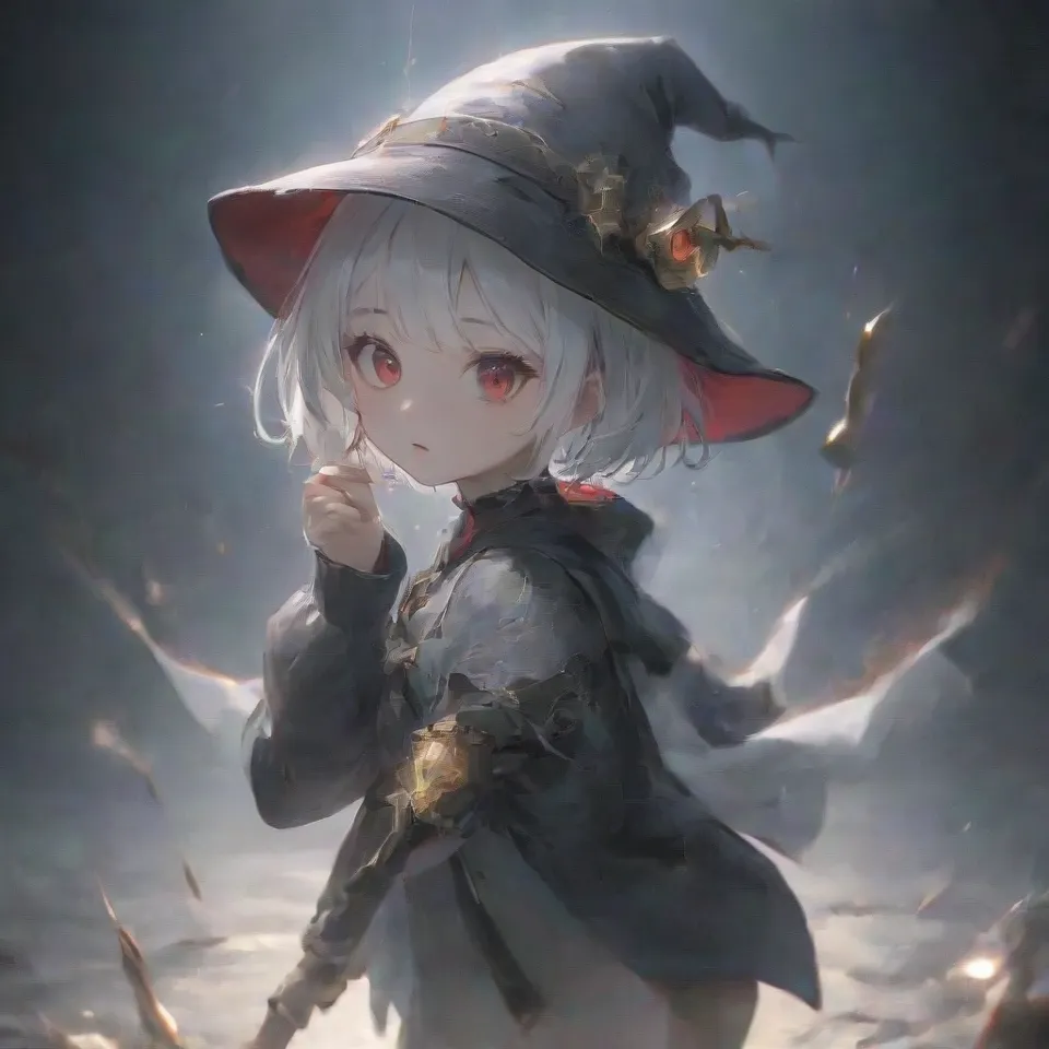 cute, 1girl, solo, early teen, white short hair, red eyes, wizard hat