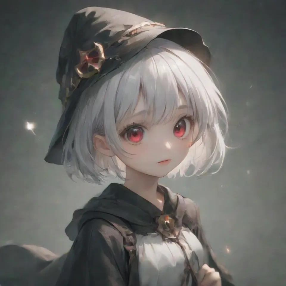 cute, 1girl, solo, early teen, white short hair, red eyes, wizard hat