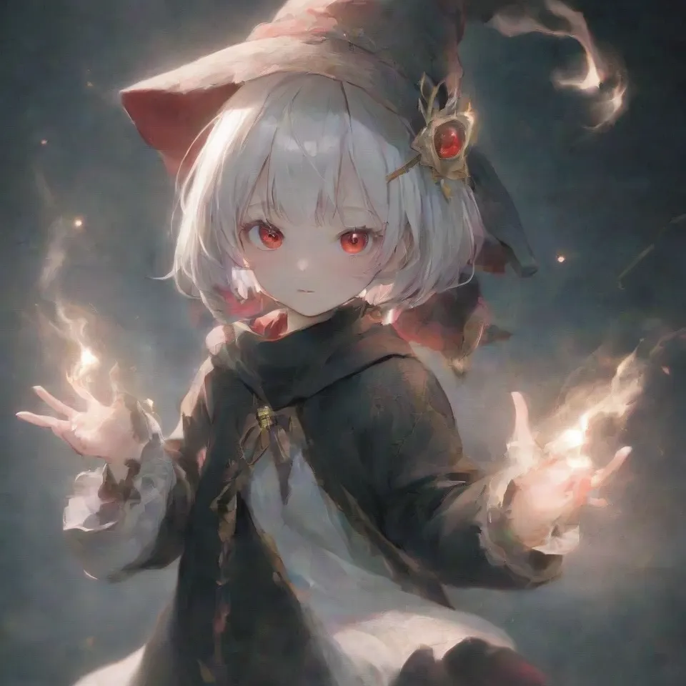 cute, 1girl, solo, early teen, white short hair, red eyes, wizard hat