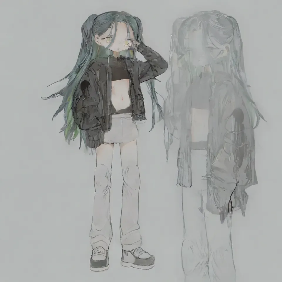 a girl, green eyes, green eyeshadow, sweating, dark blue-green hair with purple inner color, long hair, hair is meesy, frown, black leather jacket, white t-shirt, bring the left hand in front of the face, front view, full body, simple background, white_background
