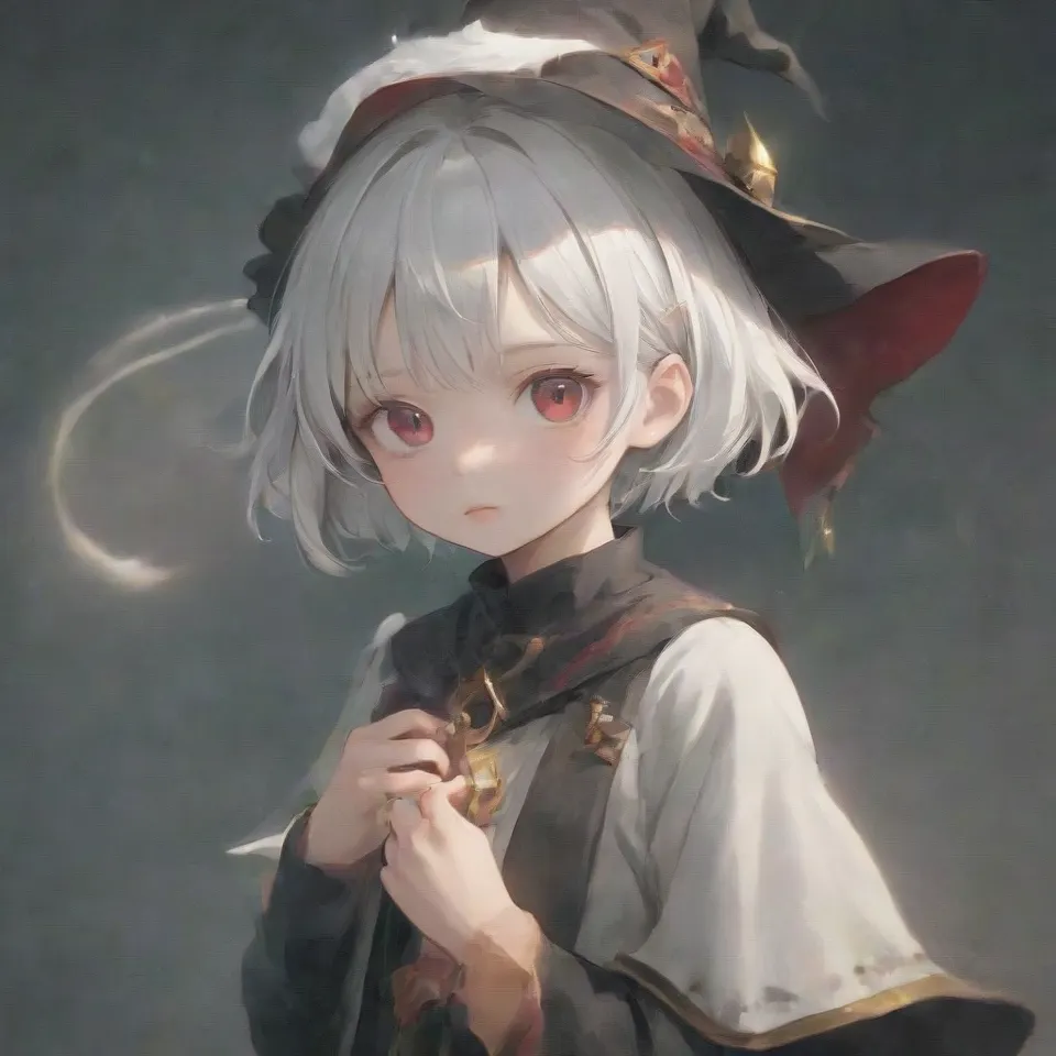cute, 1girl, solo, early teen, white short hair, red eyes, wizard hat