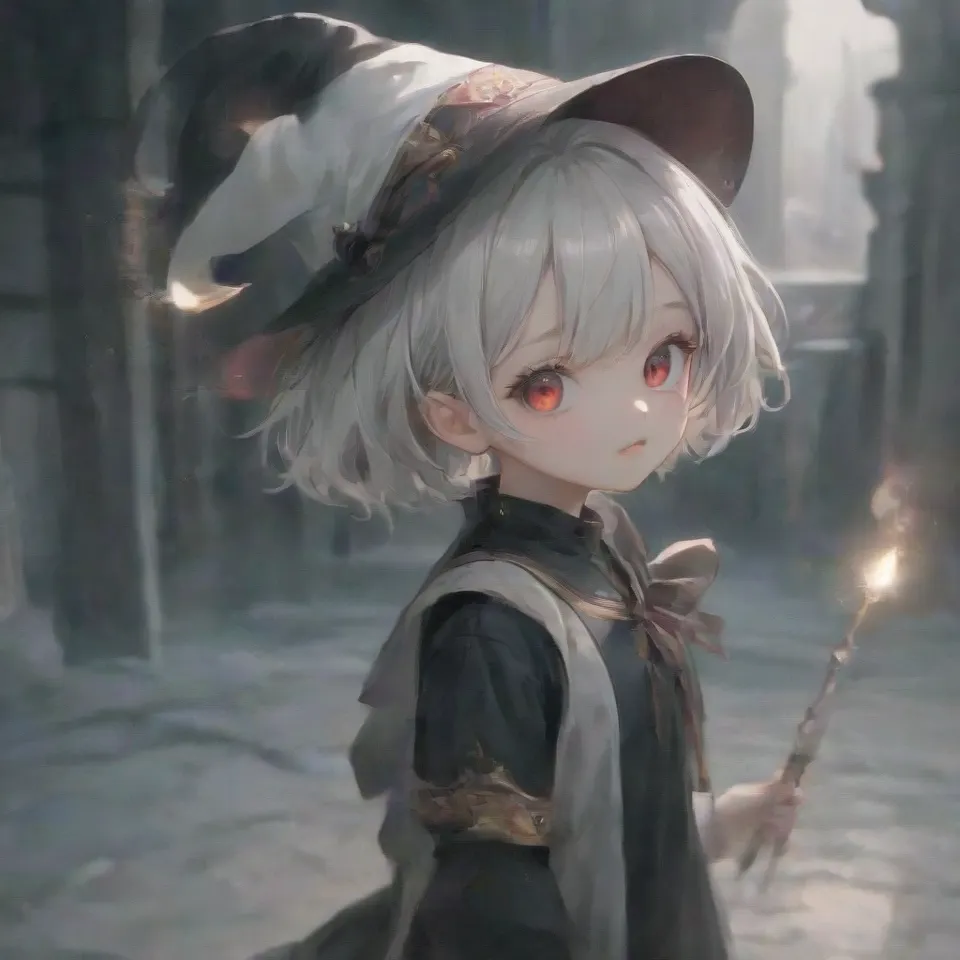 cute, 1girl, solo, early teen, white short hair, red eyes, wizard hat