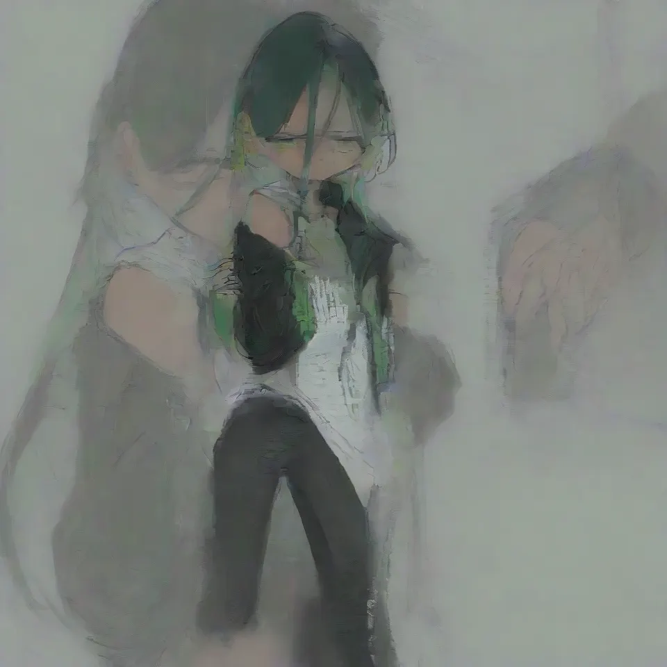 a girl, green eyes, green eyeshadow, sweating, dark blue-green hair with purple inner color, long hair, hair is meesy, frown, black leather jacket, white t-shirt, bring the left hand in front of the face, front view, full body, simple background, white_background